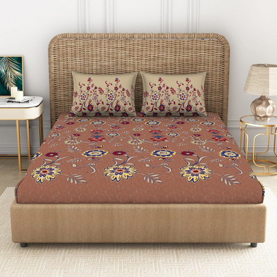 SPACES 144 TC Cotton Double Printed Flat Bedsheet(Pack of 1, Brown)