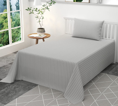 Harbell Home 200 TC Satin Single Striped Fitted (Elastic) Bedsheet(Pack of 1, Silver)