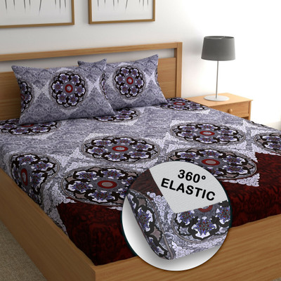 CG Homes Cotton Double Fitted (Elastic) 180 TC Printed Bedsheet(Pack of 1, Grey Brown)