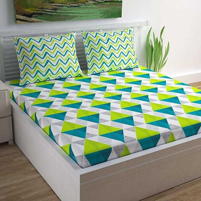 CLOTHSIDE 144 TC Cotton Double Jaipuri Prints Flat Bedsheet(Pack of 1, Green, White)