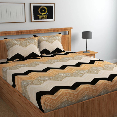 GLORIES 210 TC Polycotton King Printed Fitted (Elastic) Bedsheet(Pack of 1, Beige Black)