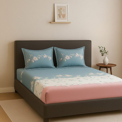 Hss fab Cotton Blend Double Fitted (Elastic) 190 TC Floral Bedsheet(Pack of 1, Grey, Pink)