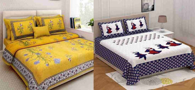 KANDY SHOP Cotton Double Flat 250 TC Jaipuri Prints Bedsheet(Pack of 1, Blue, Yellow)