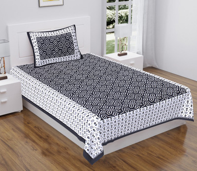 Navkar Creation 104 TC Cotton Single Jaipuri Prints Flat Bedsheet(Pack of 1, Black)