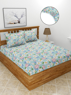 MORADO 210 TC Polycotton Double Printed Fitted (Elastic) Bedsheet(Pack of 1, Sky Blue)