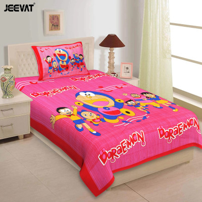 Jeevat Cotton Single Flat 144 TC Cartoon Bedsheet(Pack of 1, Red)