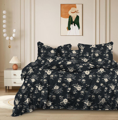 BEE LOOMS Cotton King Flat 144 TC Floral Bedsheet(Pack of 3, Dark Grey / Charcoal with Off-White/Cream Floral Print)