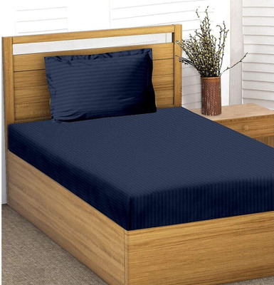 Impeccable Home 220 TC Satin Single Striped Flat Bedsheet(Pack of 1, Navy Blue)