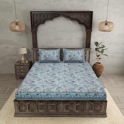 JAIPUR FABRIC 180 TC Cotton Double Printed Flat Bedsheet(Pack of 1, Light Blue)