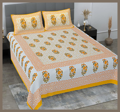 BedZone Cotton Double Flat 240 TC Jaipuri Prints Bedsheet(Pack of 1, Yellow)