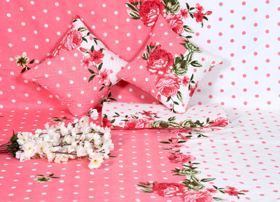 ANIKET Cotton Double, King Flat 190 TC Printed Bedsheet(Pack of 1, Pink, SET OF 5 Pcs.(2 Pillow + 2 Filled Cushion Cover))