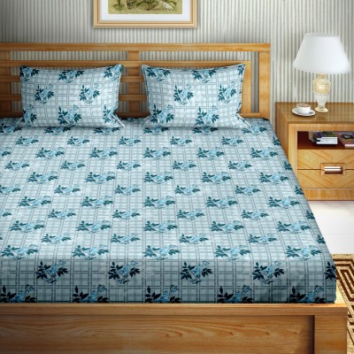 BELLA CASA 180 TC Cotton King Floral Flat Bedsheet(Pack of 1, Blue)