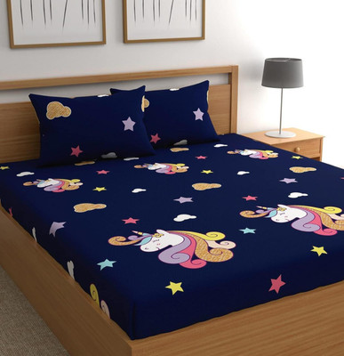 Home Garage 210 TC Cotton King 3D Printed Fitted (Elastic) Bedsheet(Pack of 1, Navy Blue)