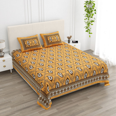 BharatLinen Cotton Super King Flat 260 TC Jaipuri Prints Bedsheet(Pack of 1, Beige)