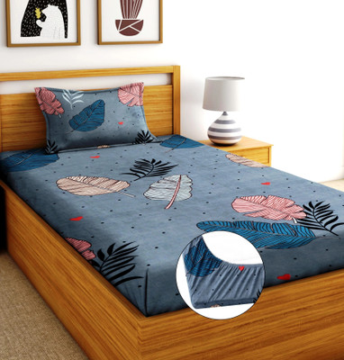 Moonroof Cotton Single Fitted (Elastic) 244 TC Printed Bedsheet(Pack of 1, Grey, Pink, Blue)