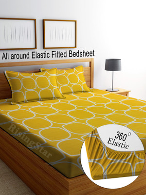 RisingStar 350 TC Cotton King Abstract Fitted (Elastic) Bedsheet(Pack of 1, FITTED_Yellow_Checks)
