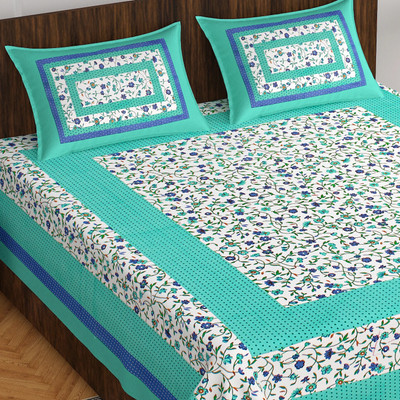 Indian Royal Fashion Cotton Double Flat 144 TC Floral Bedsheet(Pack of 1, Blue)