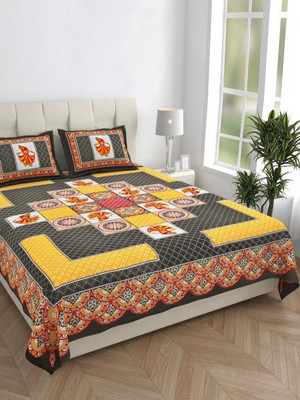 KOUNDAL Cotton Double Flat 144 TC Jaipuri Prints Bedsheet(Pack of 1, Grey)