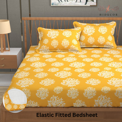 HIDECOR 280 TC Microfiber King Polka Fitted (Elastic) Bedsheet(Pack of 1, Yellow)