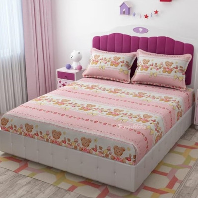 TINDLER KNOTS Microfiber, Cotton Queen Flat 300 TC Cartoon Bedsheet(Pack of 1, PINK-TEDDY BEAR)