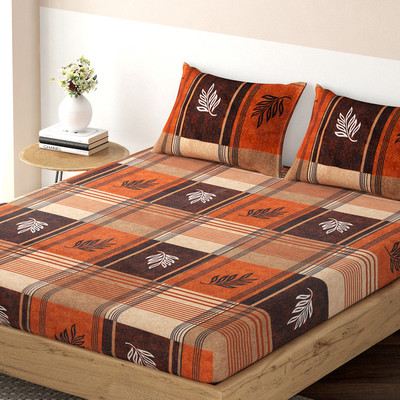 HOKiPO Microfiber King Fitted (Elastic) 180 TC Floral Bedsheet(Pack of 1, Marmalade Orange Fraxinus Leaves)