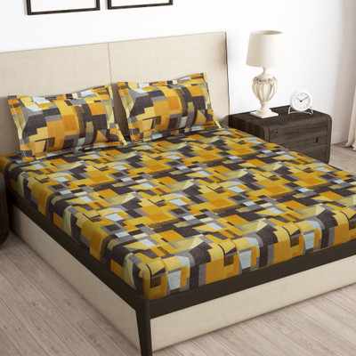 Story@home Microfiber Queen Fitted (Elastic) 180 TC Printed Bedsheet(Pack of 1, Mustard)