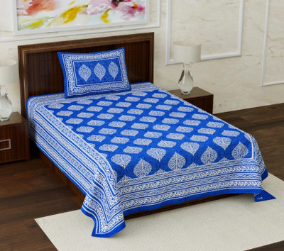Dreamsoft Cotton Single Flat 144 TC Jaipuri Prints Bedsheet(Pack of 1, Blue)