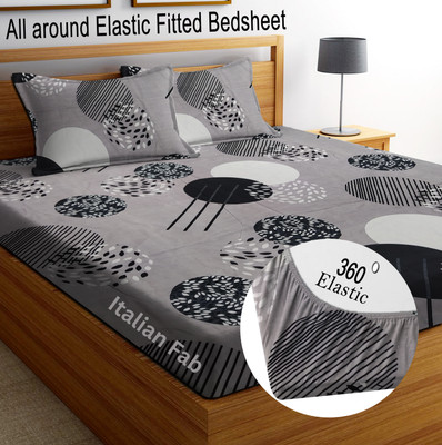 Italian Fab Cotton King Fitted (Elastic) 180 TC Printed Bedsheet(Pack of 1, Grey_Black_Circle,Heavy)