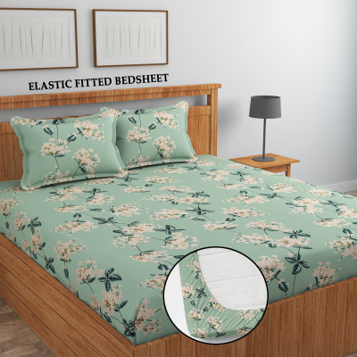 IVAAN INDIA 244 TC Polycotton Double Printed Fitted (Elastic) Bedsheet(Pack of 1, Pista+White)