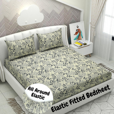 HIDECOR 250 TC Microfiber Double Abstract Fitted (Elastic) Bedsheet(Pack of 1, Cream, Grey)