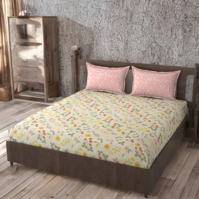 HUESPACE Cotton, Microfiber Double, Queen Fitted (Elastic) 300 TC Floral Bedsheet(Pack of 1, Multicolor)