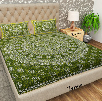 Zerron 144 TC Cotton King Jaipuri Prints Flat Bedsheet(Pack of 1, Green)