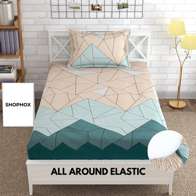 SHOPHOX 210 TC Polycotton Single Geometric Fitted (Elastic) Bedsheet(Pack of 1, Peach, Green)