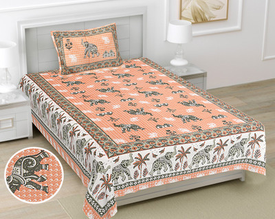 R Print 144 TC Cotton Single Jaipuri Prints Flat Bedsheet(Pack of 1, Orange)