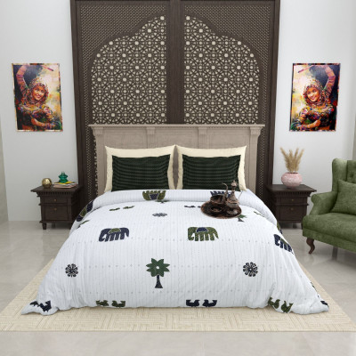 RJ Cotton King Flat 210 TC Printed Bedsheet(Pack of 1, Bedsheet-White-Blk)