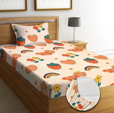 Rumps 350 TC Cotton Single Printed Fitted (Elastic) Bedsheet(Pack of 1, Crem)