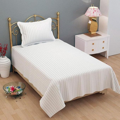 ARDM 400 TC Cotton Single Striped Flat Bedsheet(Pack of 1, White)