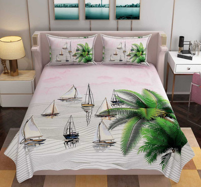 BLENZZA DECO 250 TC Polycotton Double 3D Printed Flat Bedsheet(Pack of 1, Palm Tree Boat)