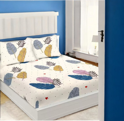 HOMYBEES 300 TC Cotton Double Abstract Fitted (Elastic) Bedsheet(Pack of 1, White)