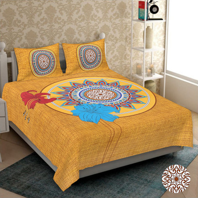 E ELMA 280 TC Cotton Double Jaipuri Prints Flat Bedsheet(Pack of 1, Yellow)