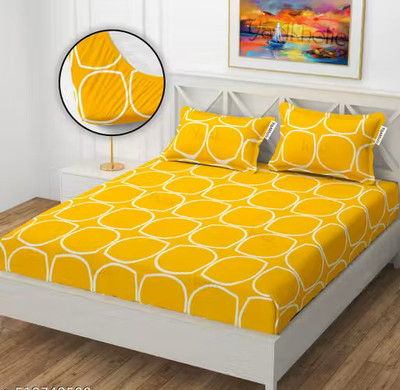 BedSoul Cotton Super King Fitted (Elastic) 320 TC Floral Bedsheet(Pack of 1, Yellow)