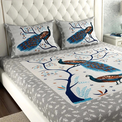 Leo Creation Cotton Double Flat 144 TC Jaipuri Prints Bedsheet(Pack of 1, Grey, Dark Grey, Blue, Brown, Blue, Black)