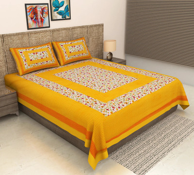 METRO LIVING Cotton Double Flat 144 TC Jaipuri Prints Bedsheet(Pack of 1, Yellow)