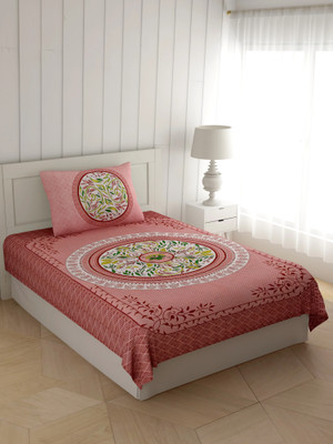 Mandakini 140 TC Cotton Single Jaipuri Prints Flat Bedsheet(Pack of 1, Peach)
