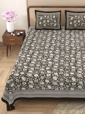 CLOTHOLOGY 240 TC Cotton King Jaipuri Prints Flat Bedsheet(Pack of 1, Grey & White)