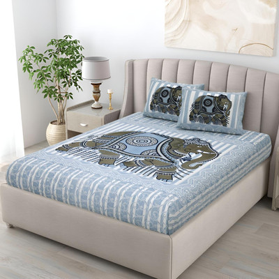Bombay Spreads 220 TC Cotton King Jaipuri Prints Flat Bedsheet(Pack of 1, Blue)