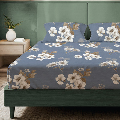 Soul Fiber Microfiber King Flat 200 TC Printed Bedsheet(Pack of 1, Blue, Beige)
