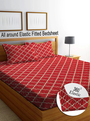 RisingStar Cotton Double Fitted (Elastic) 350 TC Striped Bedsheet(Pack of 1, Fitted_Red Temple)
