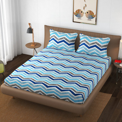 The Little Big Store Cotton King Fitted (Elastic) 210 TC Printed Bedsheet(Pack of 1, Blue Zig-Zag)