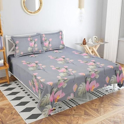 Cozyhaven Cotton Double Flat 230 TC Floral Bedsheet(Pack of 1, Grey)